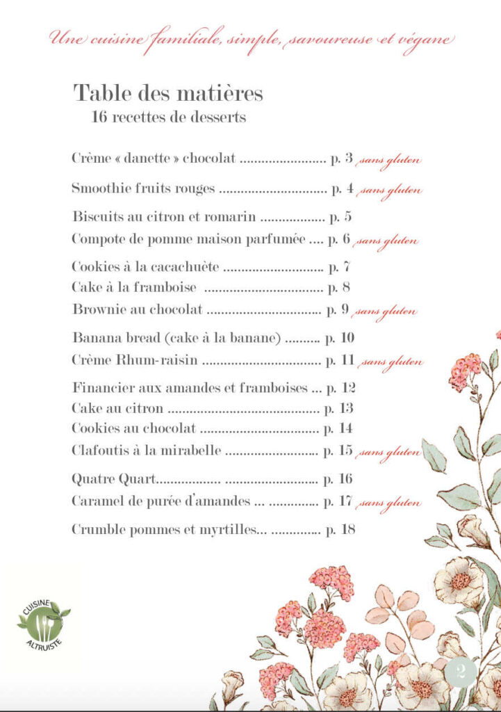 table matière carnet dessert